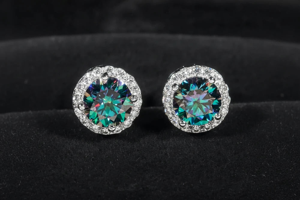 D/VVS1 Colored 7.6mm Moissanite Stud Earrings Silver Pass Tester Dallas Jewelers