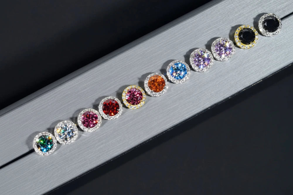 D/VVS1 Colored 7.6mm Moissanite Stud Earrings Silver Pass Tester Dallas Jewelers
