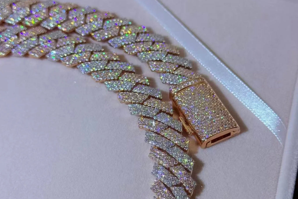 14MM VVS Moissanite Cuban Link Chain 10K Solid Gold White Rose Gold Two Tone