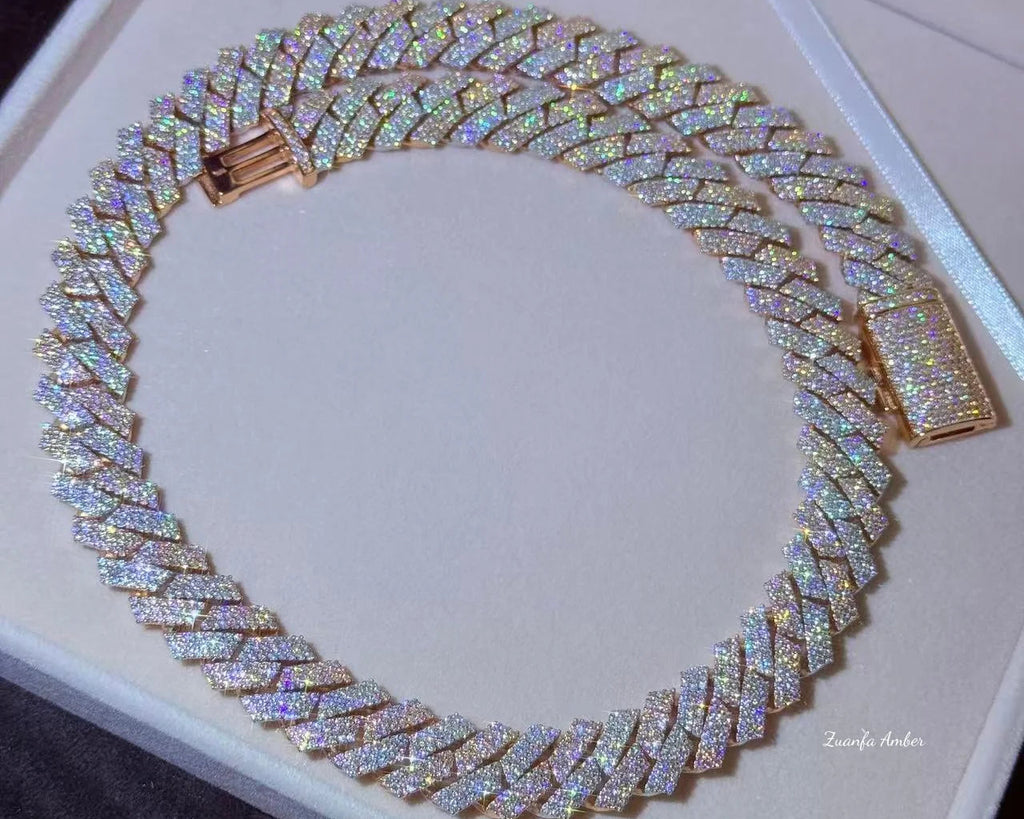 14MM VVS Moissanite Cuban Link Chain 10K Solid Gold White Rose Gold Two Tone
