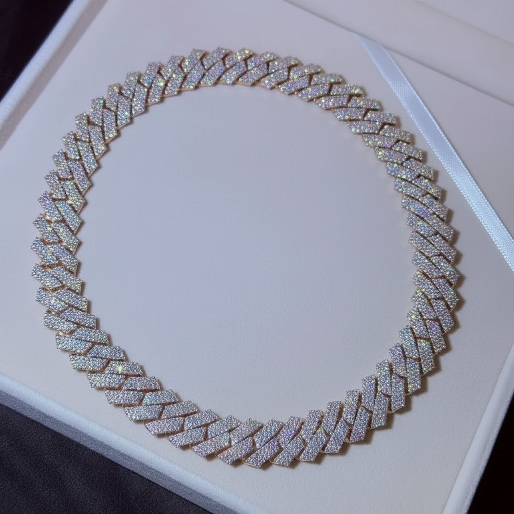 14MM VVS Moissanite Cuban Link Chain 10K Solid Gold White Rose Gold Two Tone