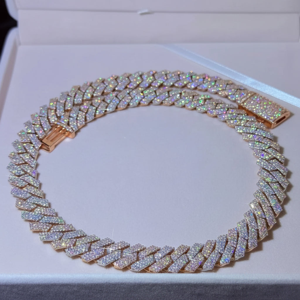 14MM VVS Moissanite Cuban Link Chain 10K Solid Gold White Rose Gold Two Tone